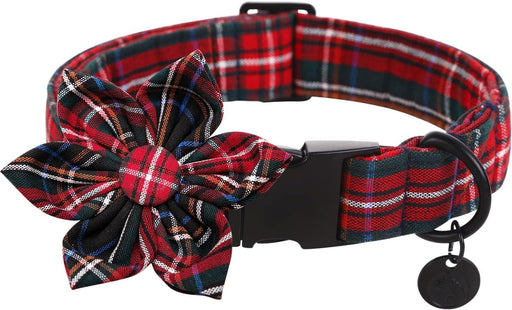 Red plaid Christmas dog collar with decorative fabric flower bow and black plastic buckle