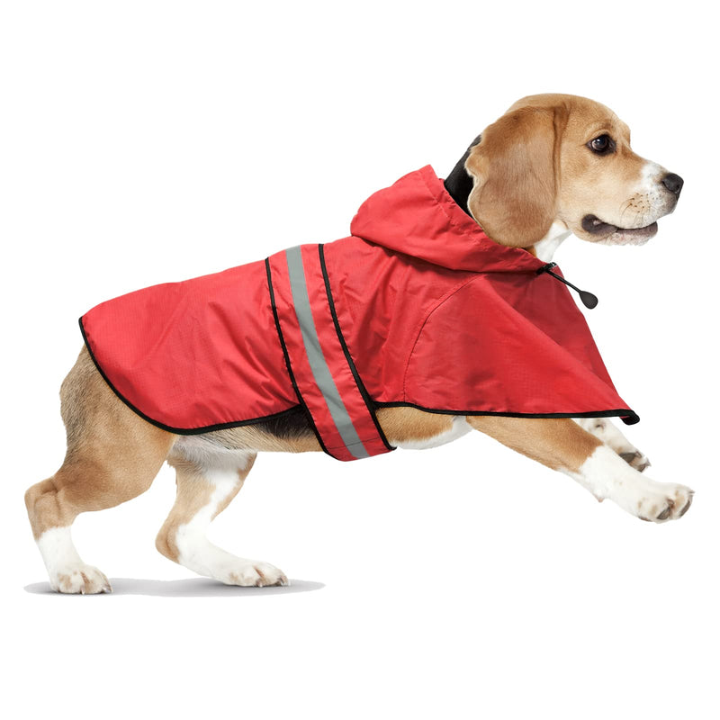 Beagle wearing red waterproof raincoat with reflective stripes and hood running on white background