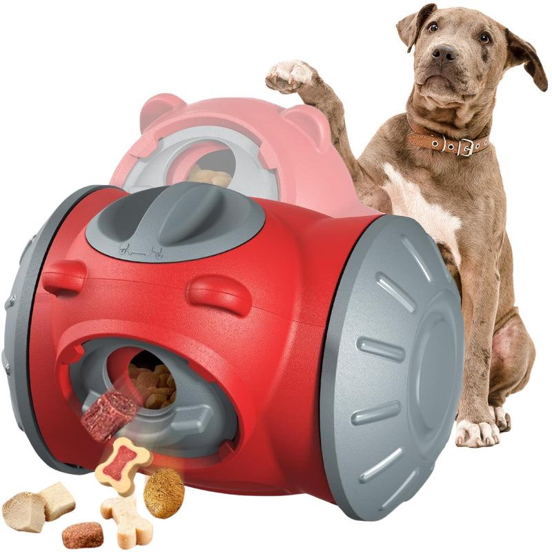 Red and gray interactive dog puzzle toy with brown pitbull and scattered treats on white background
