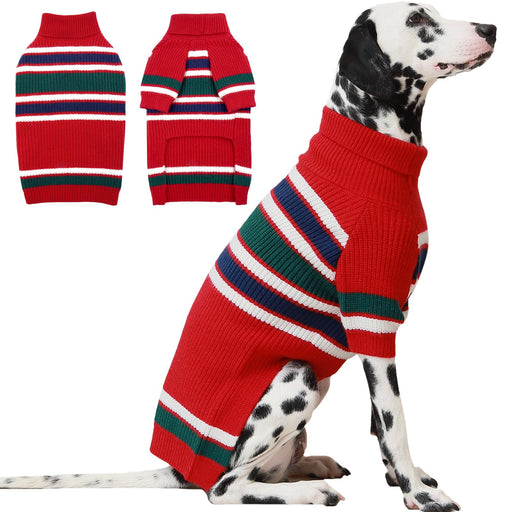 Red striped turtleneck dog sweater shown flat and worn by dalmatian on white background
