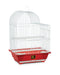 Red and white bird cage with dome top, perches, and feeding dishes on white background