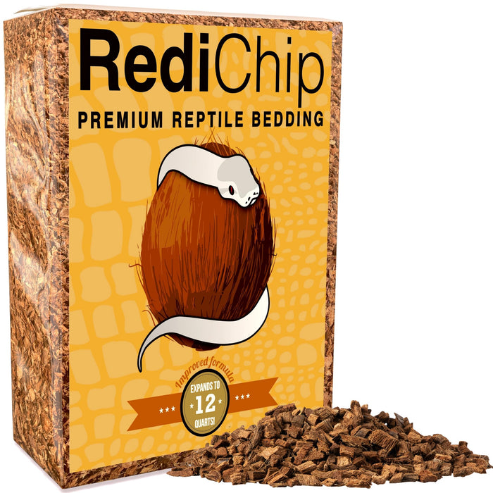RediChip reptile bedding box with white snake illustration and scattered coconut chips below