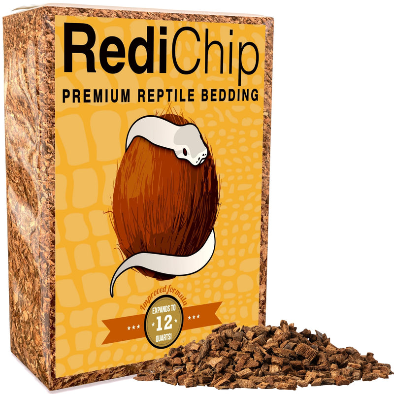 RediChip reptile bedding box with coconut substrate chips spilled beside yellow packaging