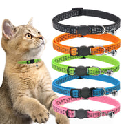 Tabby cat wearing green collar next to 5 colorful reflective breakaway cat collars with bells