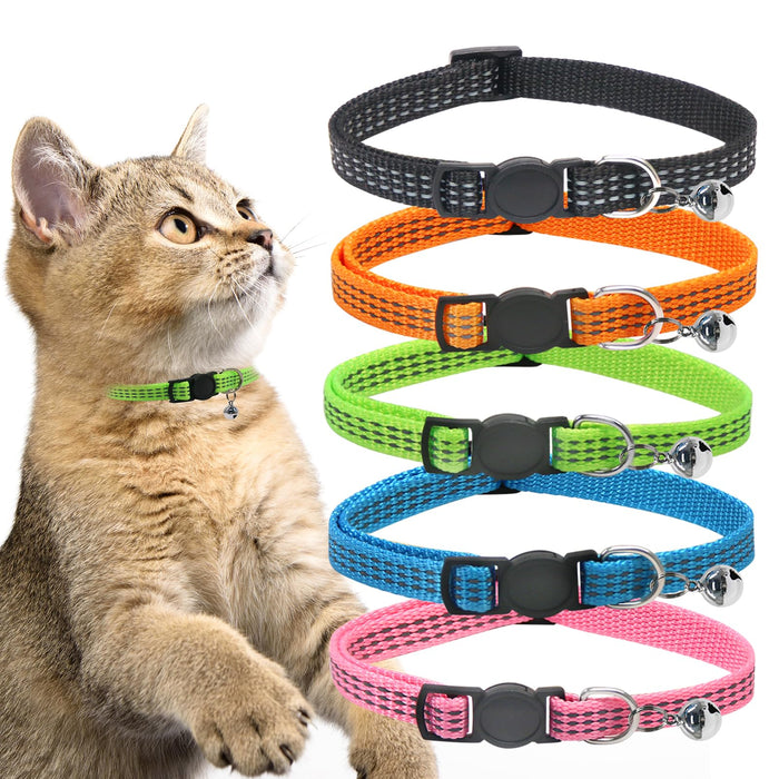 Tabby cat wearing green collar next to 5 colorful reflective breakaway cat collars with bells