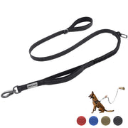 Black reflective dog leash with double handles and bungee section, color swatches shown below