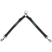 Black adjustable double dog leash coupler with reflective stitching and metal clips on white