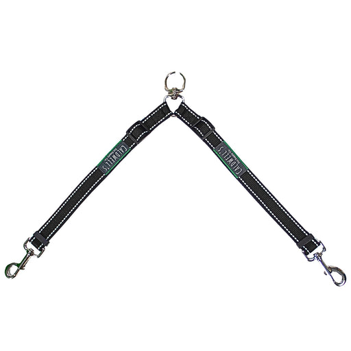 Black adjustable double dog leash coupler with reflective stitching and metal clips on white