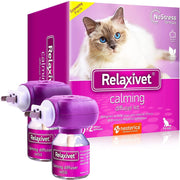 RelaxIvet calming diffuser kit with purple diffusers, refills and box featuring blue-eyed cat