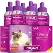 Relaxivet calming diffuser refill 6-pack box with purple bottles and Siamese cat photo