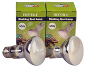 Two 50W reptile basking spot lamps with green packaging boxes showing chameleon design