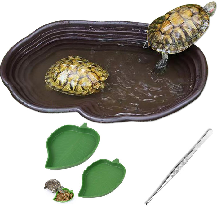 Large brown reptile pool with two turtles, green feeding dishes and metal tweezers below