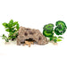 Brown textured reptile cave hideout with artificial plants and small gecko underneath on white