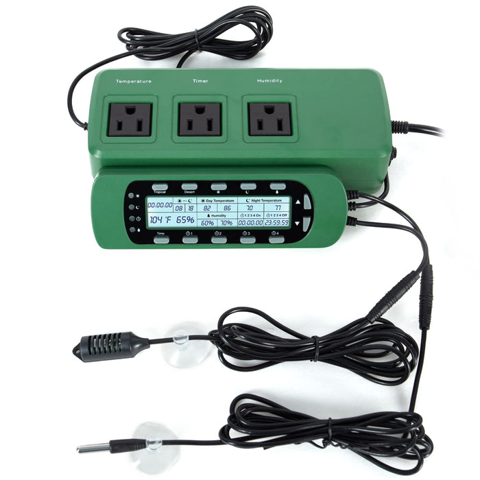 Green reptile habitat controller with three outlet plugs, LCD screen, and sensor probe cables