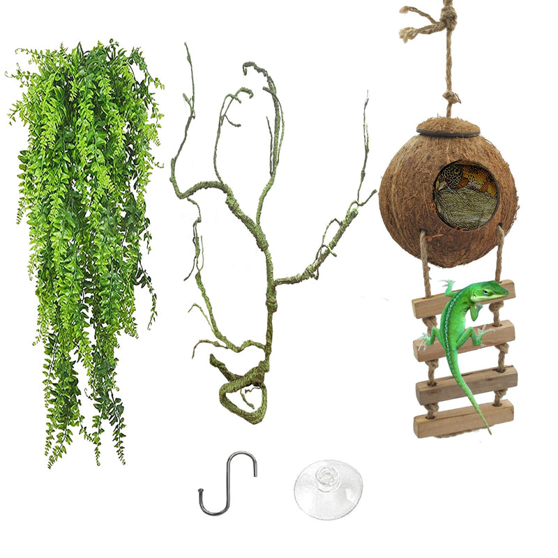 Reptile habitat accessories including artificial hanging plants, bendable vine, coconut hideout