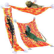 Three colorful red and yellow mesh reptile hammocks with suction cups showing different lizards
