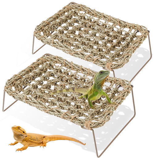 Natural grass fiber reptile hammock with two-tier metal stand and green iguana and bearded dragon