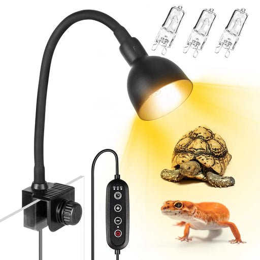 Black reptile heat lamp with clamp, dimmer controller, and replacement bulbs for turtle gecko care