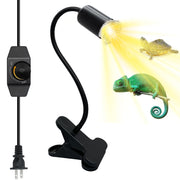 Black clamp-on reptile heat lamp with flexible gooseneck and dimmer control illuminating chameleon
