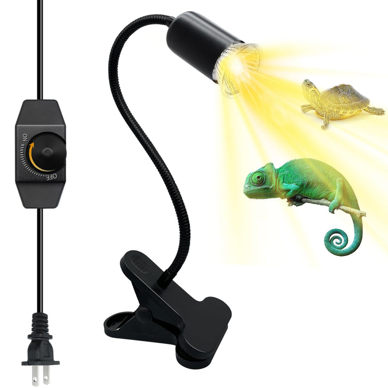 Black clamp-on reptile heat lamp with flexible gooseneck and dimmer control illuminating chameleon