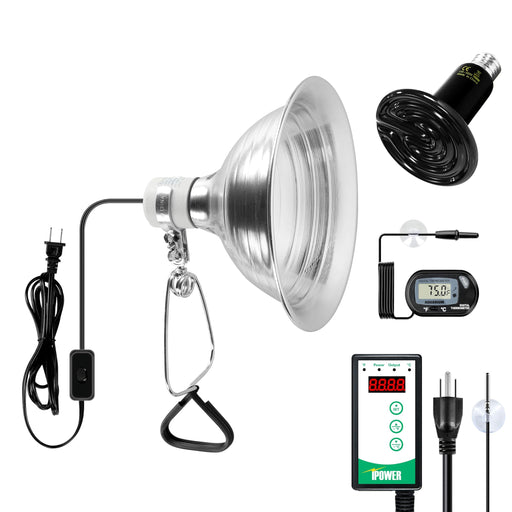 Complete reptile heat lamp kit with reflector dome, black ceramic bulb, digital thermostat and