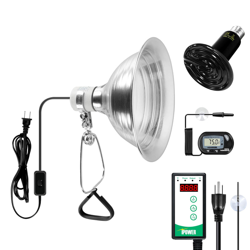 Complete reptile heat lamp kit with digital thermostat controller, thermometer and ceramic bulb