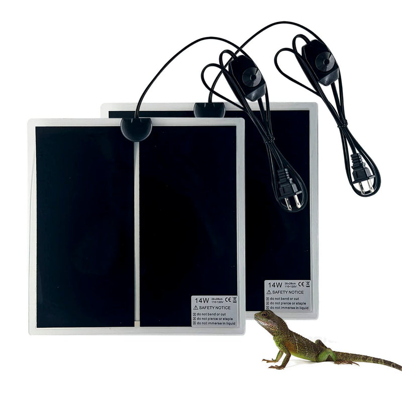 Two black reptile heat mats with power cords and small lizard shown for size reference
