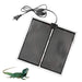 Black perforated reptile heat mat with power cord and dimmer switch next to green iguana