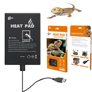 Reptile heating pad with USB cable, bearded dragon, and orange packaging displaying product features