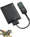 Black reptile heat pad with digital controller showing green display and iguana below