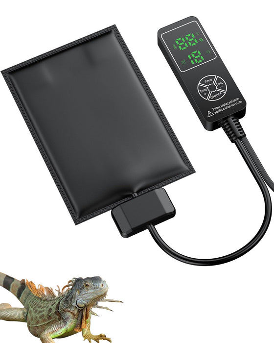 Black heating pad with digital temperature controller showing green display and iguana below