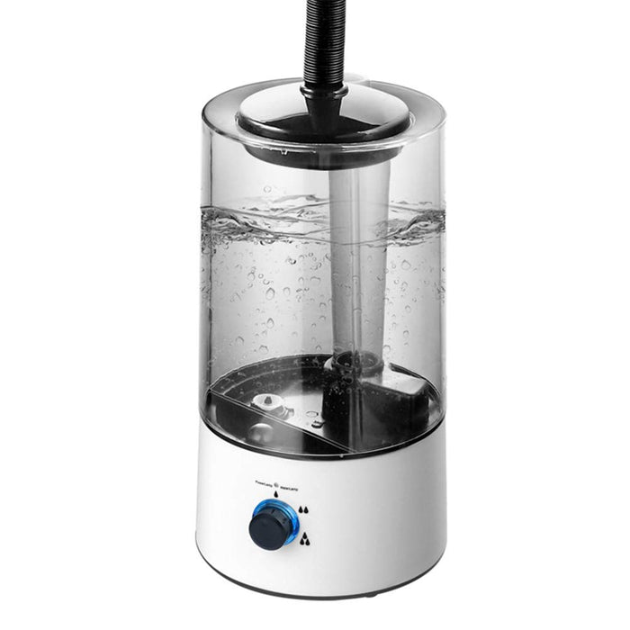 White reptile humidifier with clear water tank and black extension hose, control dial visible