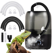 Black reptile humidifier with iguana and flexible tube accessories including white and black hoses