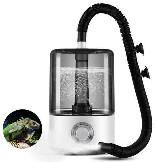 White reptile humidifier with clear water tank, black flexible hose, and iguana inset image