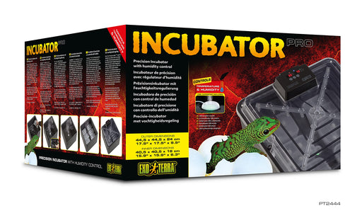 Reptile incubator product box showing clear plastic container with green gecko and control panel