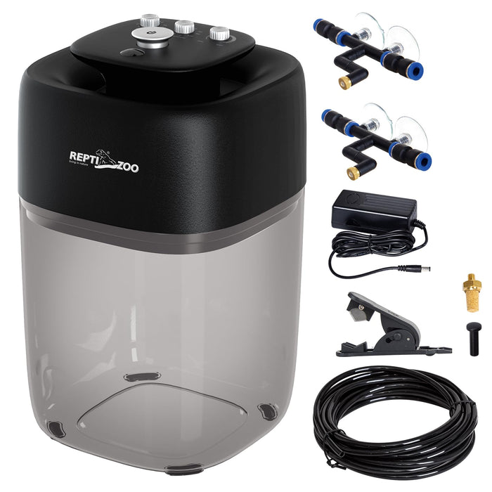 Black and clear reptile misting system with accessories including air stones, power adapter and