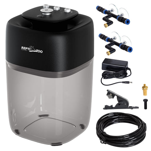 Black and clear reptile misting system with control knobs and complete accessory kit