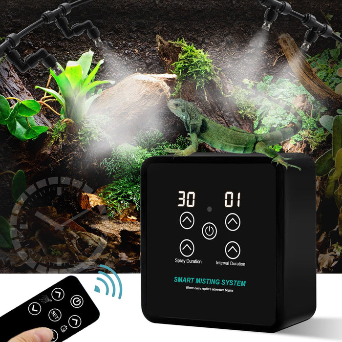 Smart misting system control panel with digital display showing spray and interval settings