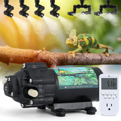 Black programmable reptile misting pump with timer control and misting nozzles spraying chameleon
