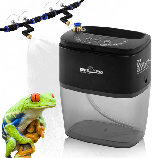 Black and gray reptile misting system with control panel next to colorful green tree frog