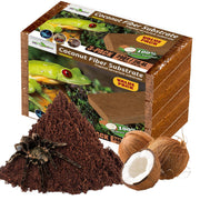 Coconut fiber substrate package with green tree frog, loose brown substrate pile and coconuts