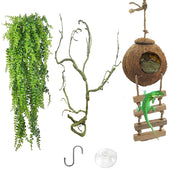 Natural reptile terrarium accessories including artificial hanging plant, moss-covered vine,