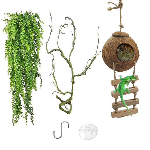Natural reptile terrarium accessories including artificial hanging plant, moss-covered vine,