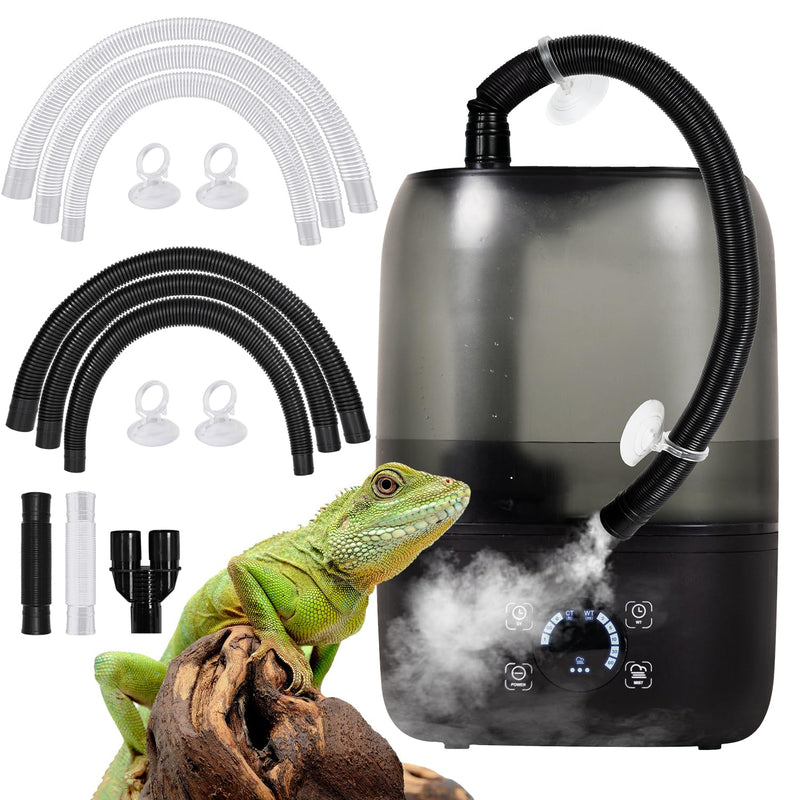 Smart 4L reptile terrarium humidifier with green iguana, black unit, tubes and mist accessories
