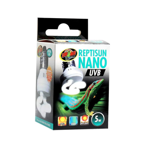 Zoo Med ReptiSun Nano UVB bulb package showing white compact fluorescent lamp and green gecko