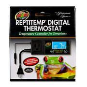 Zoo Med ReptiTemp digital thermostat package with black temperature controller and colorful frog