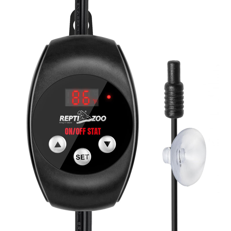 Black ReptiZoo digital temperature controller showing red display reading 86 degrees with probe
