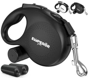 Black retractable dog leash with accessories and waste bags displayed on white background