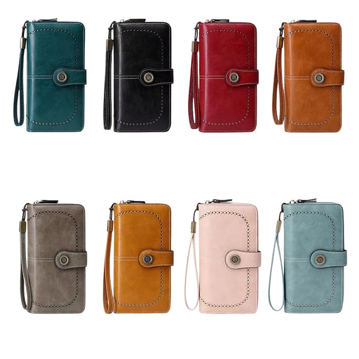 RFID blocking long wallet with detachable wrist strap, 23 card slots and secure zipper closure for women
