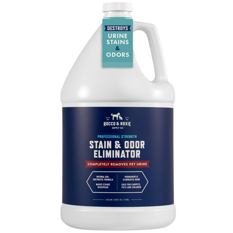 White plastic gallon jug of Rocco & Roxie pet stain and odor eliminator with blue label
